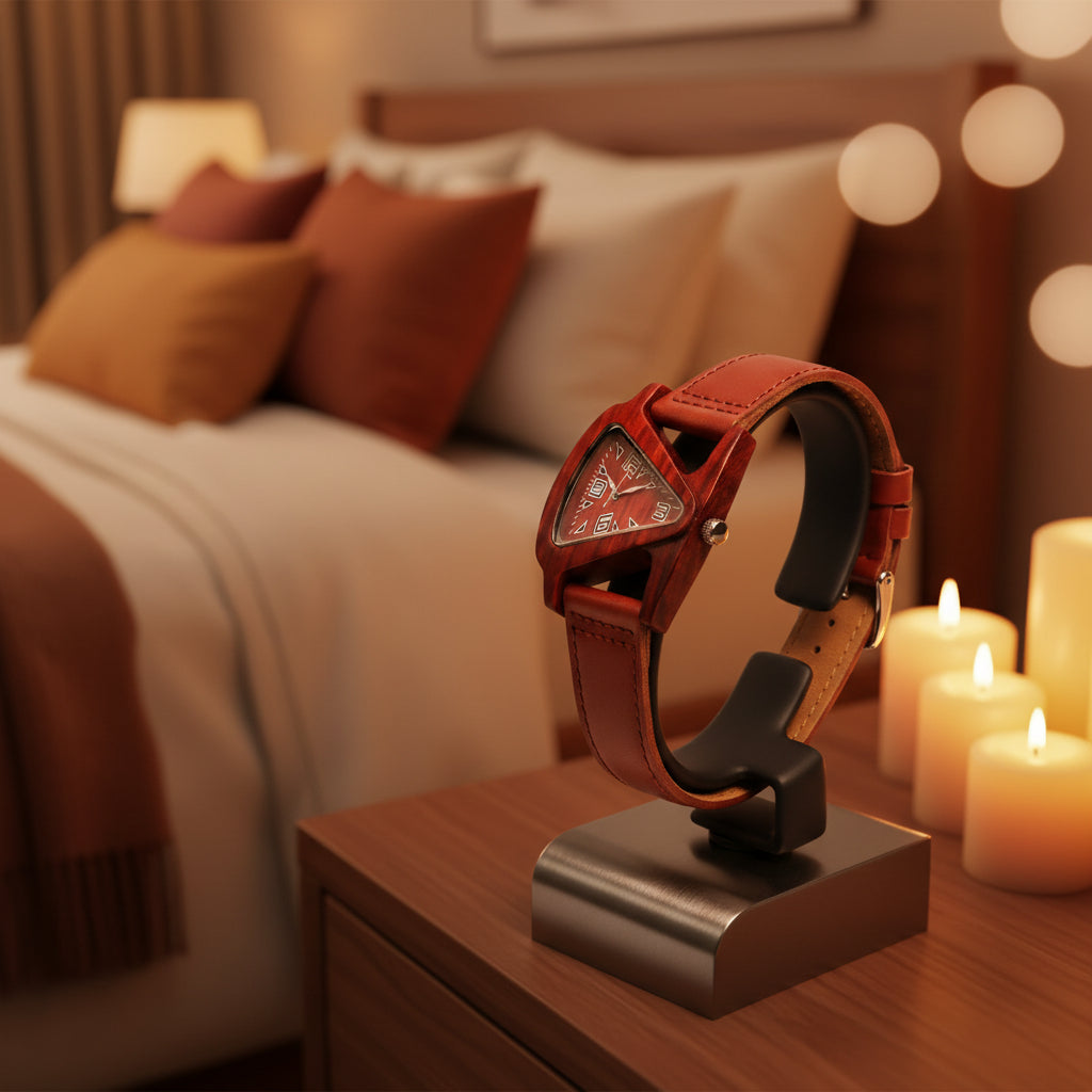Wooden Quartz Triangle Couple Watch in Red Wood